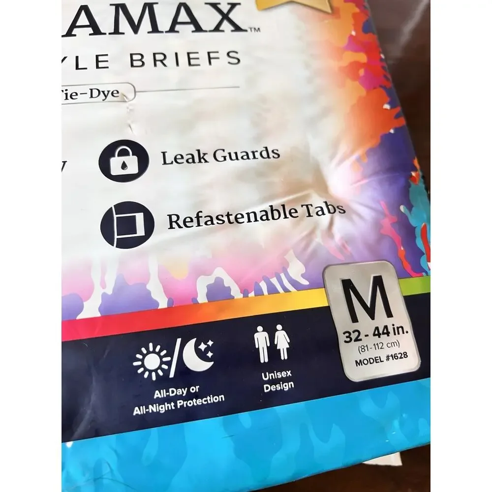 NorthShore MEGAMAX TAB-STYLE BRIEFS Tie-Dye 10 Adult Diapers Sz M 32-44in 12 Hrs